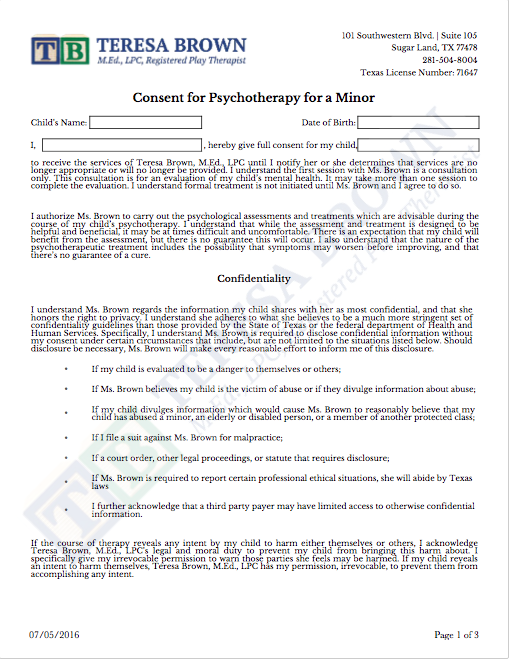 Consent for Psychotherapy for a Minor Preview